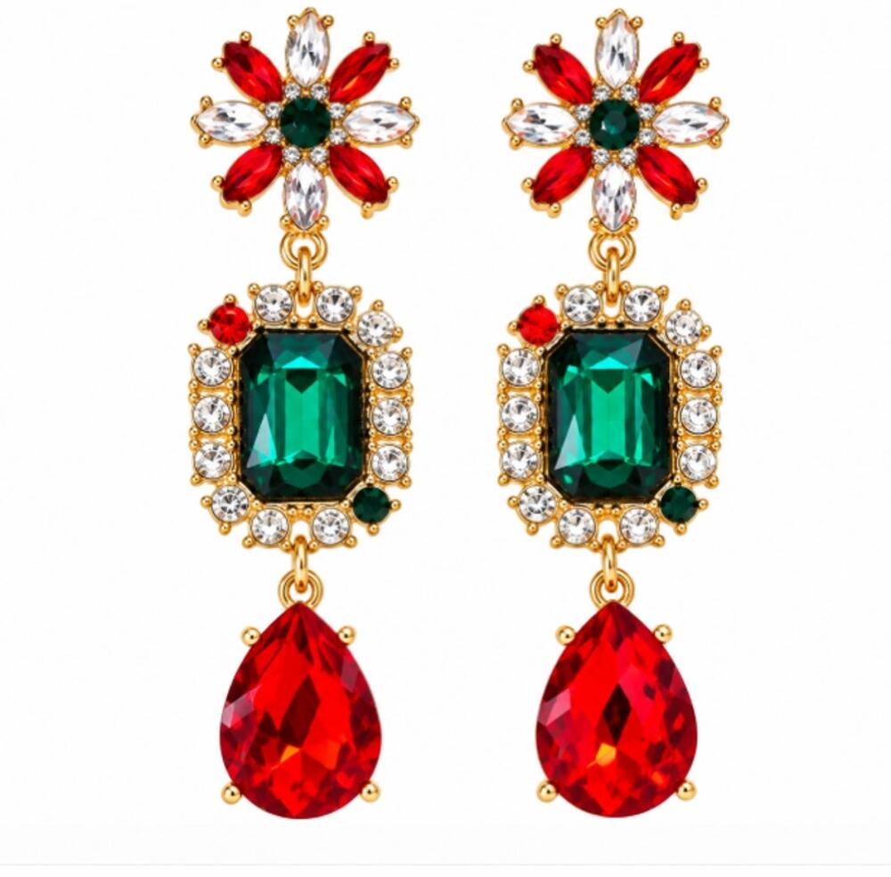 Christmas Stud Dangle Earrings Rhinestone Faux Jewel Green & Red Stones